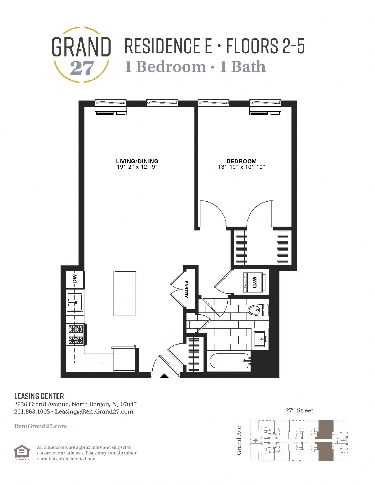 Floor plan for 1 bed, 1 bath, 761 sqft